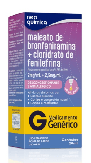 Produto Maleato de bronfeniramina 2mg + cloridrato de fenilefrina 2,5mg gotas sabor uva 20ml neo química genérico foto 1